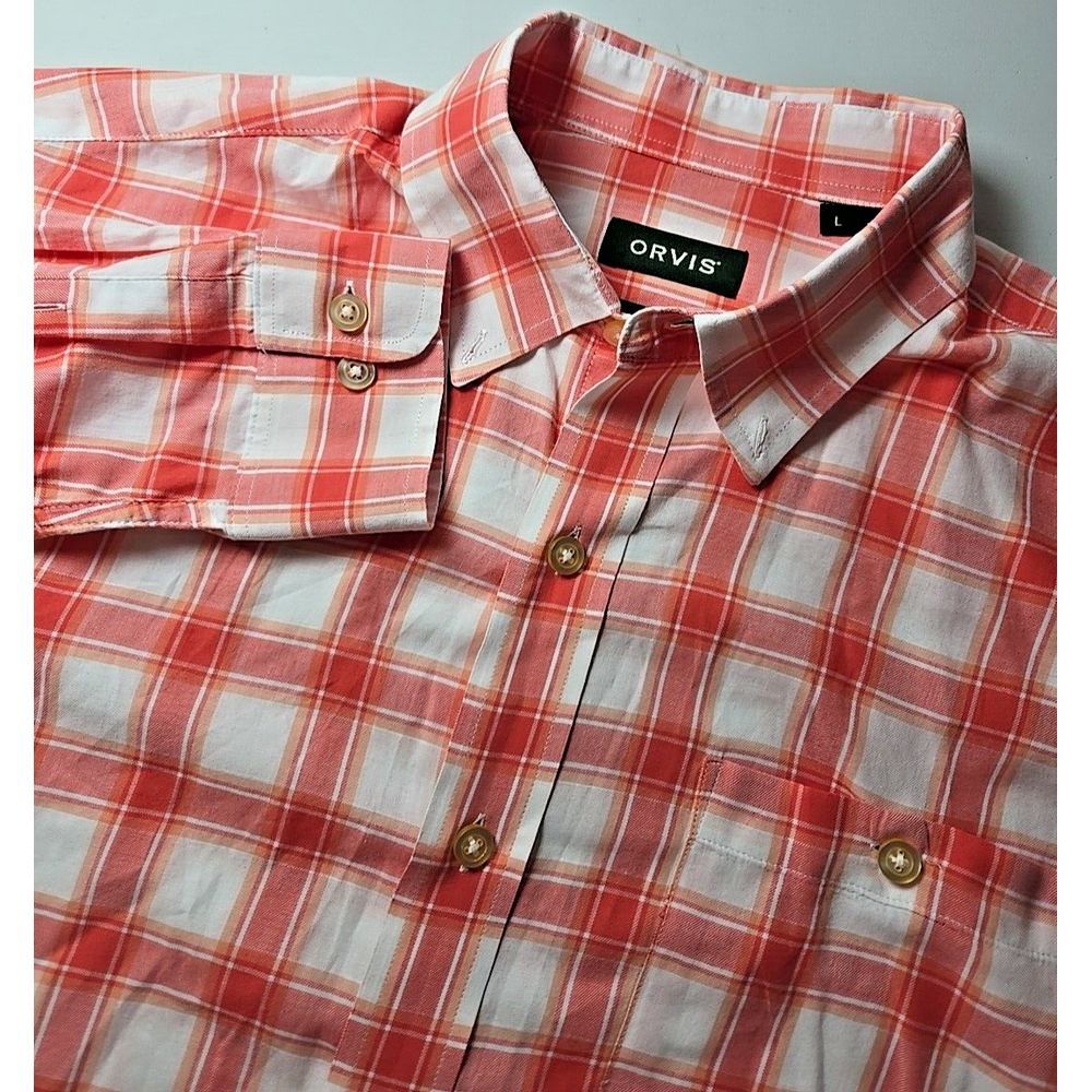 Orvis Shirt Mens L Long Sleeve Button Down Plaid Red/Orange/White Classic Cotton